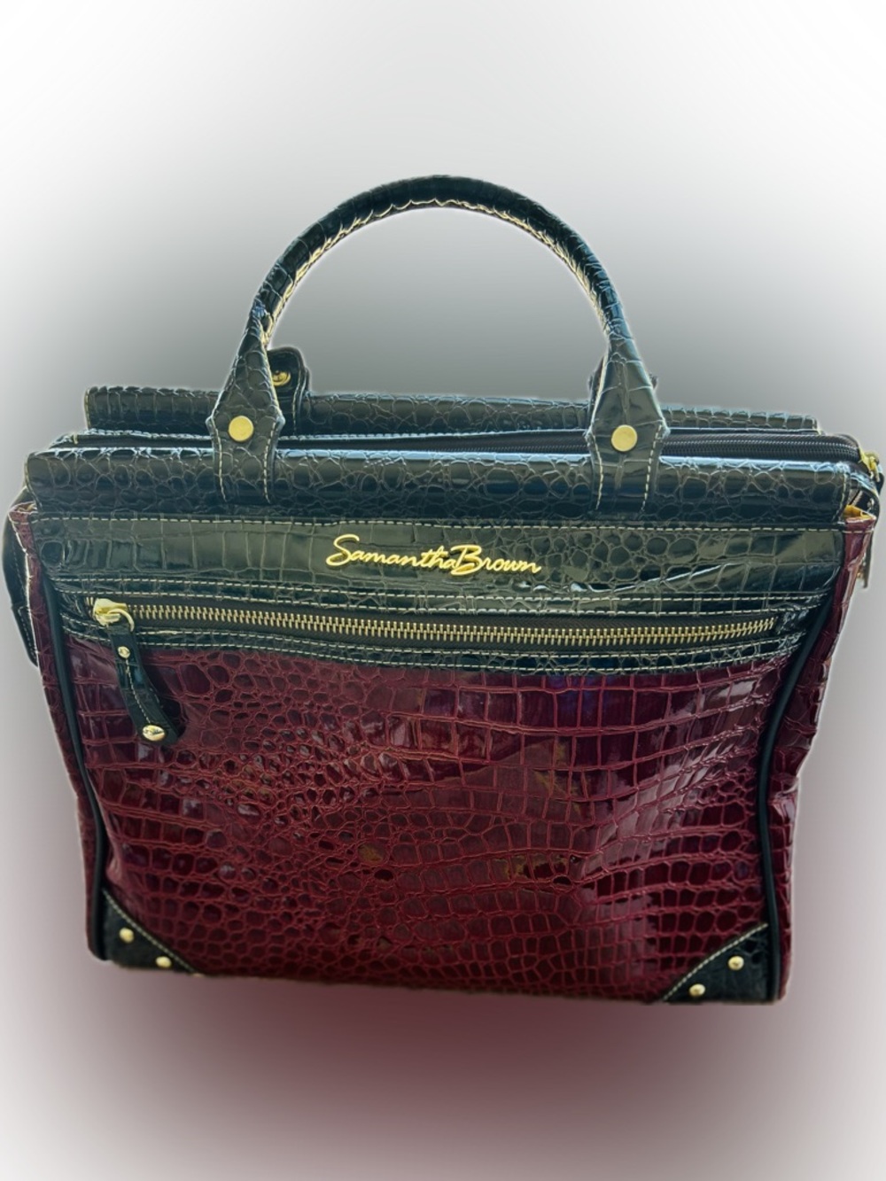 Samantha Brown Two-Tone Croc Satchel — Black & Burgundy